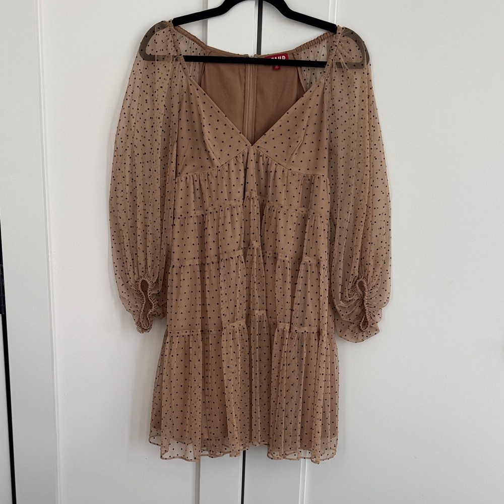 STAUD Beige Long Sleeve Dress with Dotted Pattern